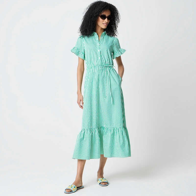 Striped ruffle-sleeve shirt-dress