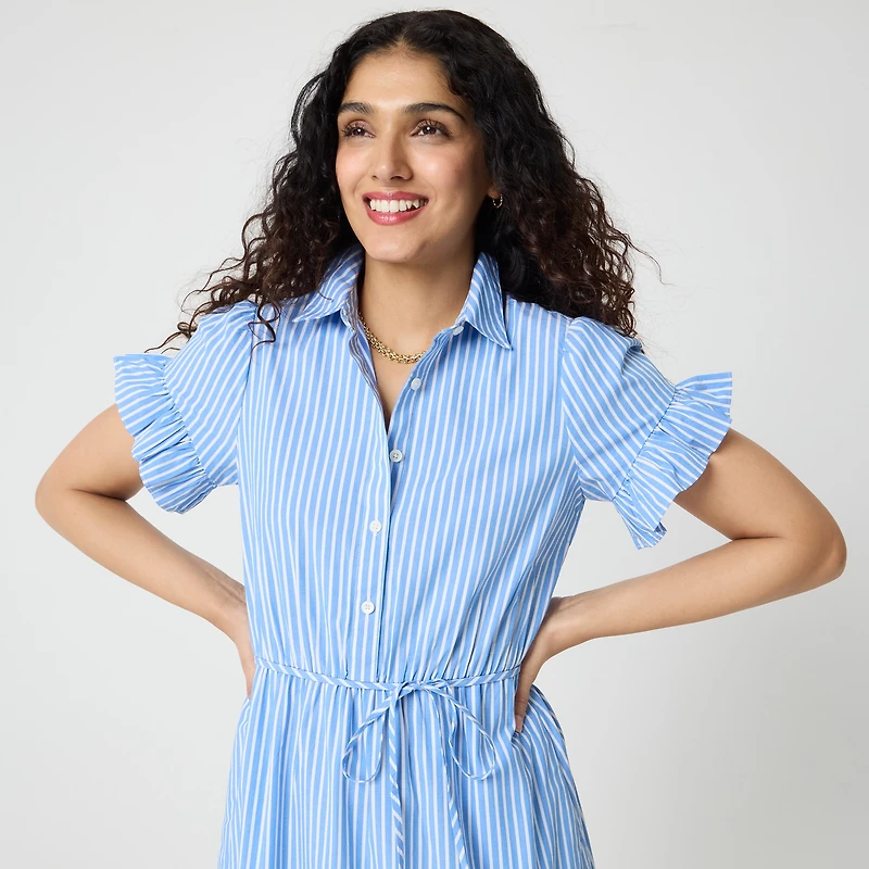 Striped ruffle-sleeve shirt-dress