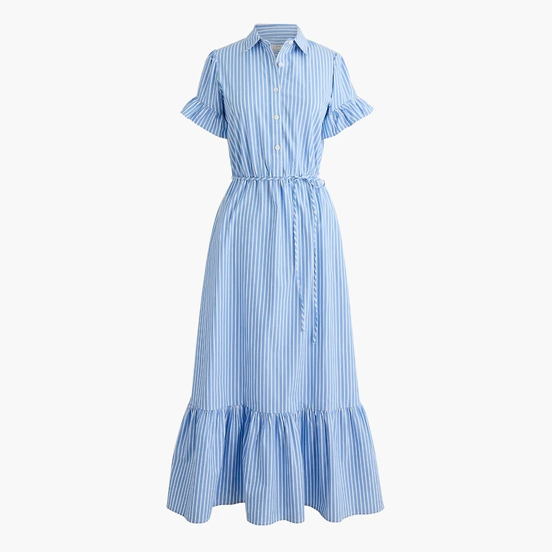 Striped ruffle-sleeve shirt-dress