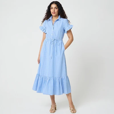 Striped ruffle-sleeve shirt-dress