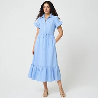 Striped ruffle-sleeve shirt-dress