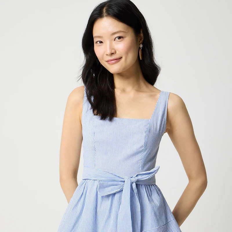 Striped sleeveless belted tiered dress