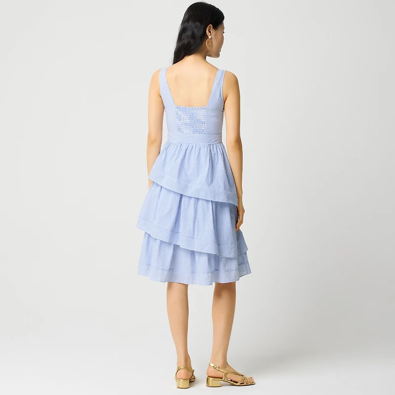 Striped sleeveless belted tiered dress