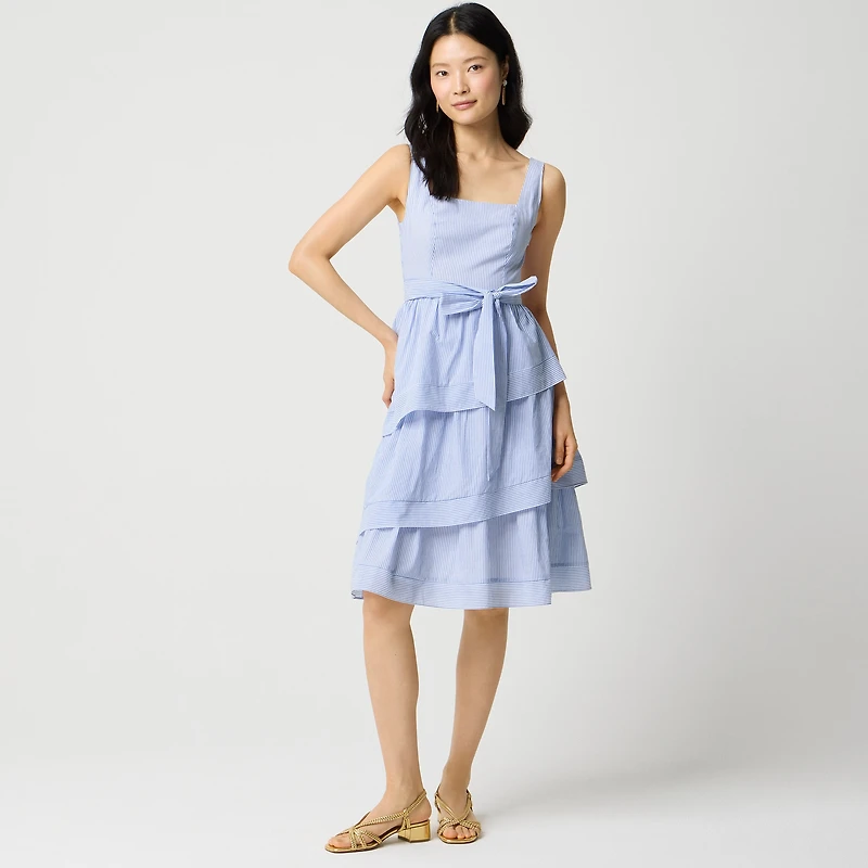 Striped sleeveless belted tiered dress