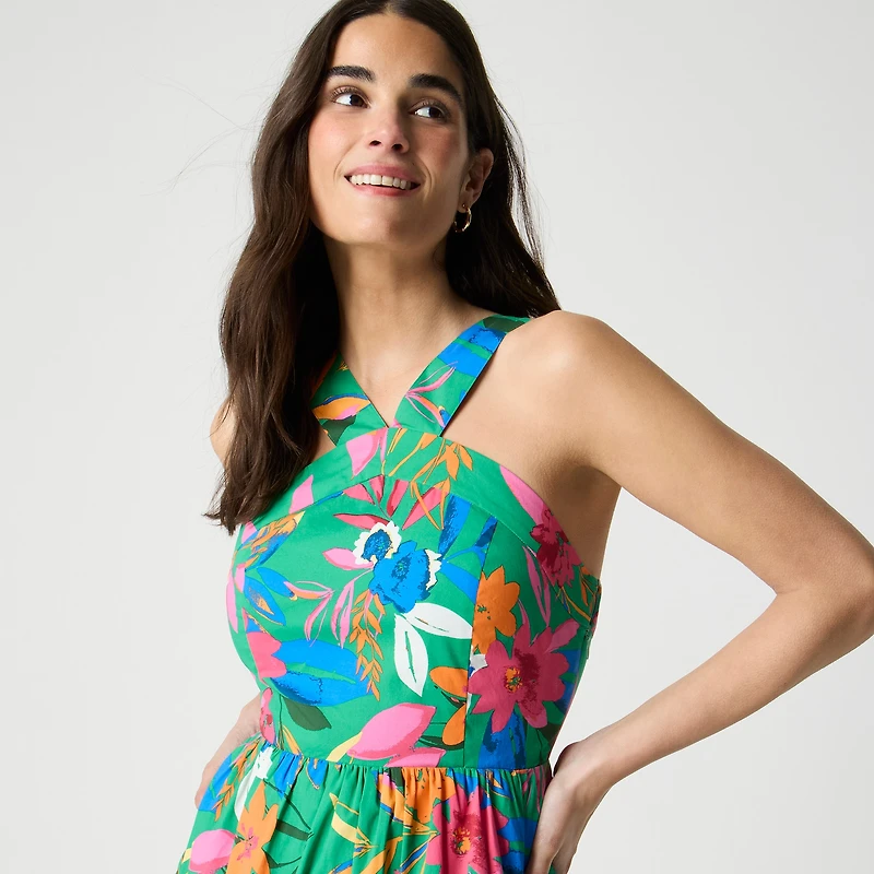 Printed tiered halter midi dress