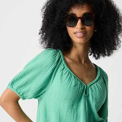 Puff-sleeve braided-neckline gauze top