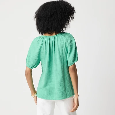 Puff-sleeve braided-neckline gauze top