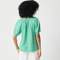 Puff-sleeve braided-neckline gauze top