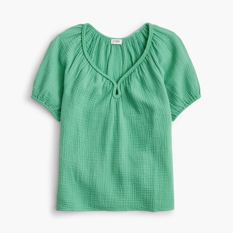 Puff-sleeve braided-neckline gauze top