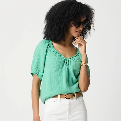 Puff-sleeve braided-neckline gauze top