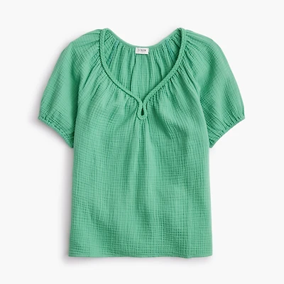 Puff-sleeve braided-neckline gauze top