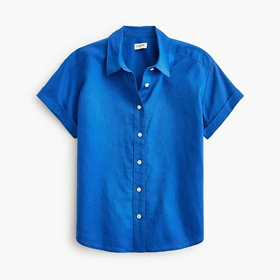 Short-sleeve linen-blend button-up shirt