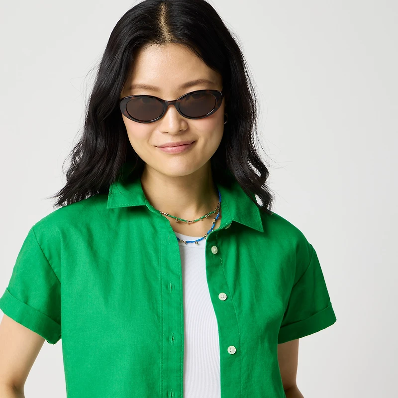 Short-sleeve linen-blend button-up shirt