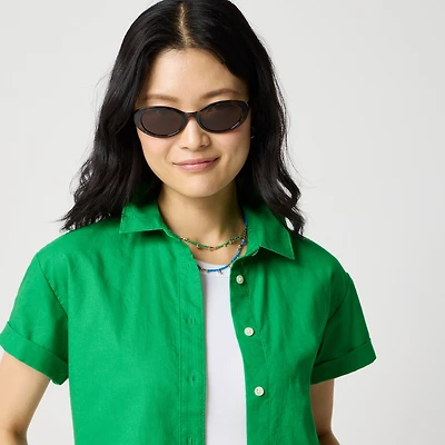 Short-sleeve linen-blend button-up shirt