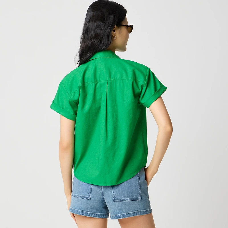 Short-sleeve linen-blend button-up shirt