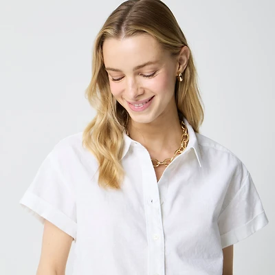 Short-sleeve linen-blend button-up shirt