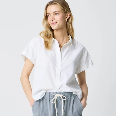 Short-sleeve linen-blend button-up shirt