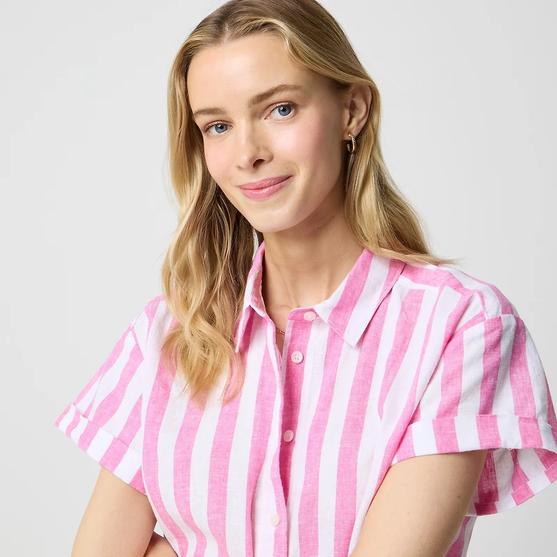Striped short-sleeve linen-blend button-up shirt
