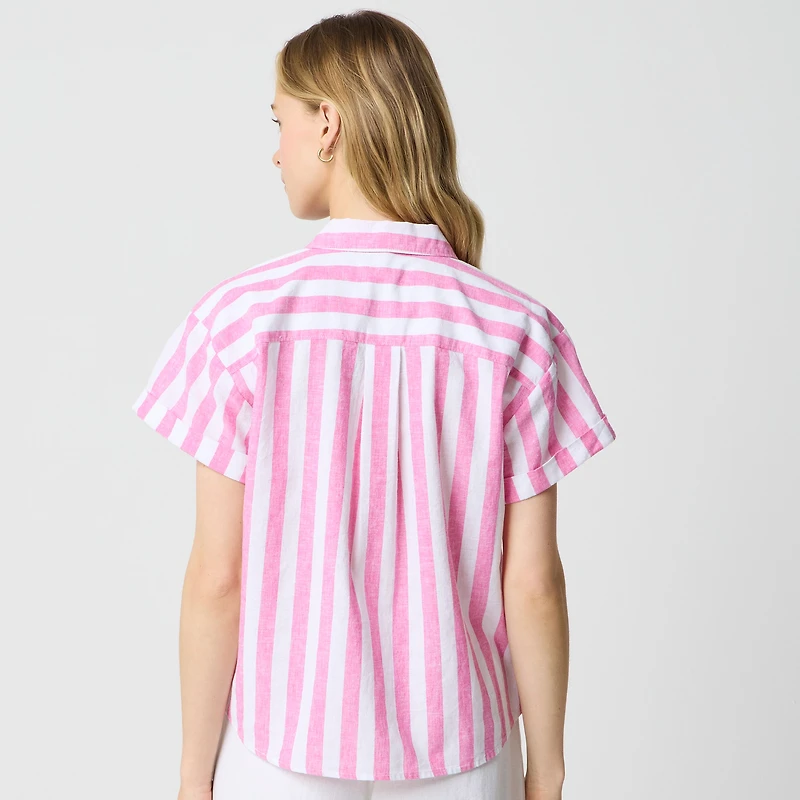 Striped short-sleeve linen-blend button-up shirt