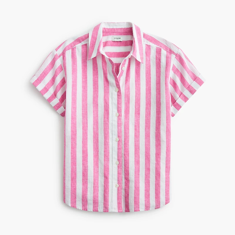 Striped short-sleeve linen-blend button-up shirt
