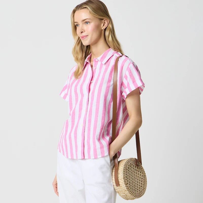 Striped short-sleeve linen-blend button-up shirt