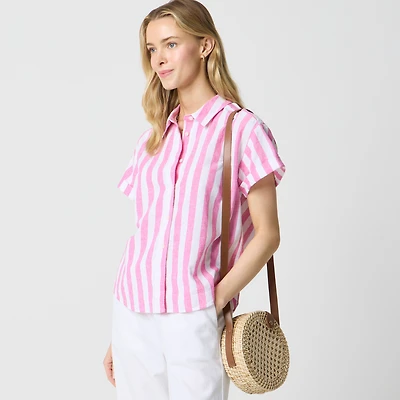 Striped short-sleeve linen-blend button-up shirt