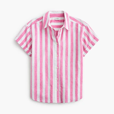 Striped short-sleeve linen-blend button-up shirt