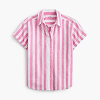 Striped short-sleeve linen-blend button-up shirt