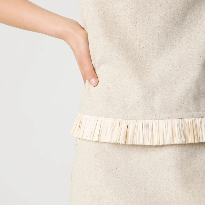 Straw-trim linen-blend shell