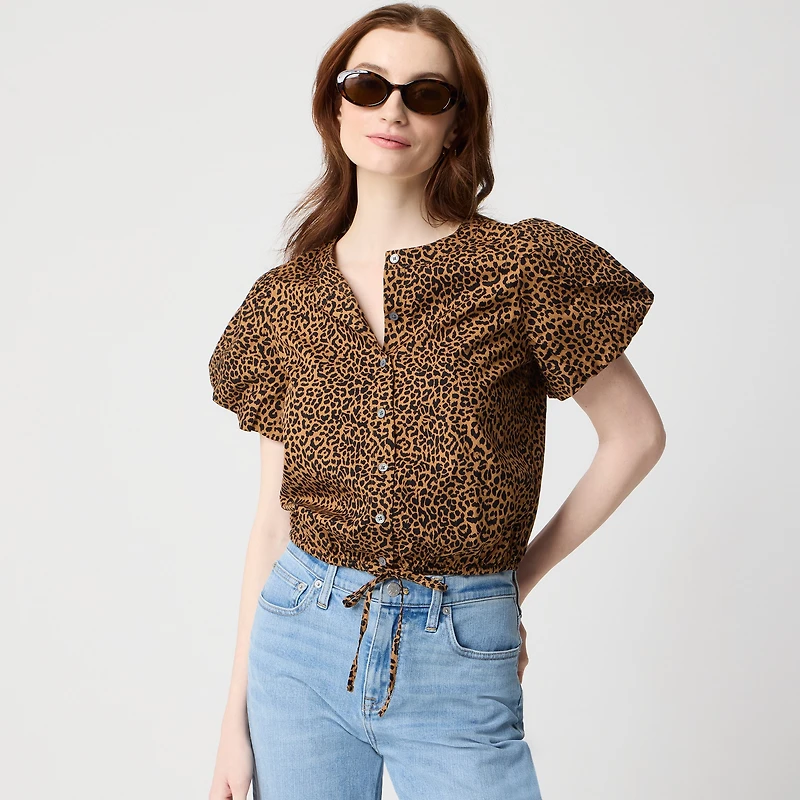 Puff-sleeve tie-waist top