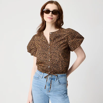 Puff-sleeve tie-waist top