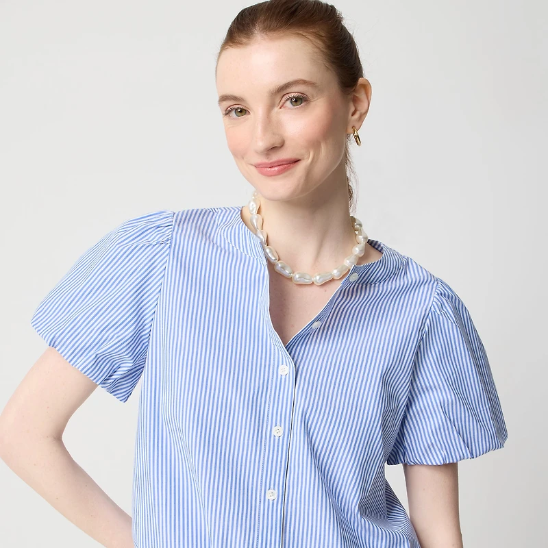 Striped puff-sleeve tie-waist top