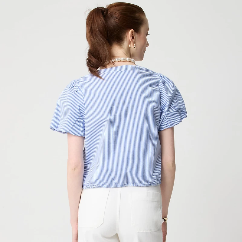 Striped puff-sleeve tie-waist top