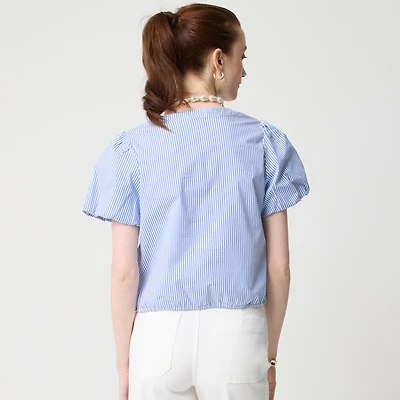 Striped puff-sleeve tie-waist top
