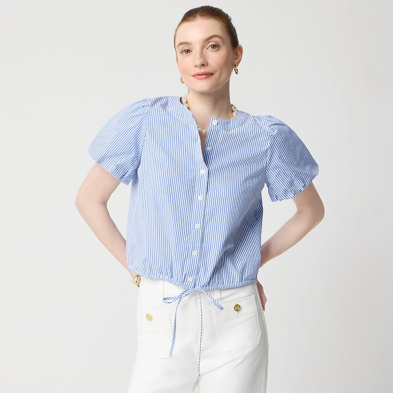 Striped puff-sleeve tie-waist top