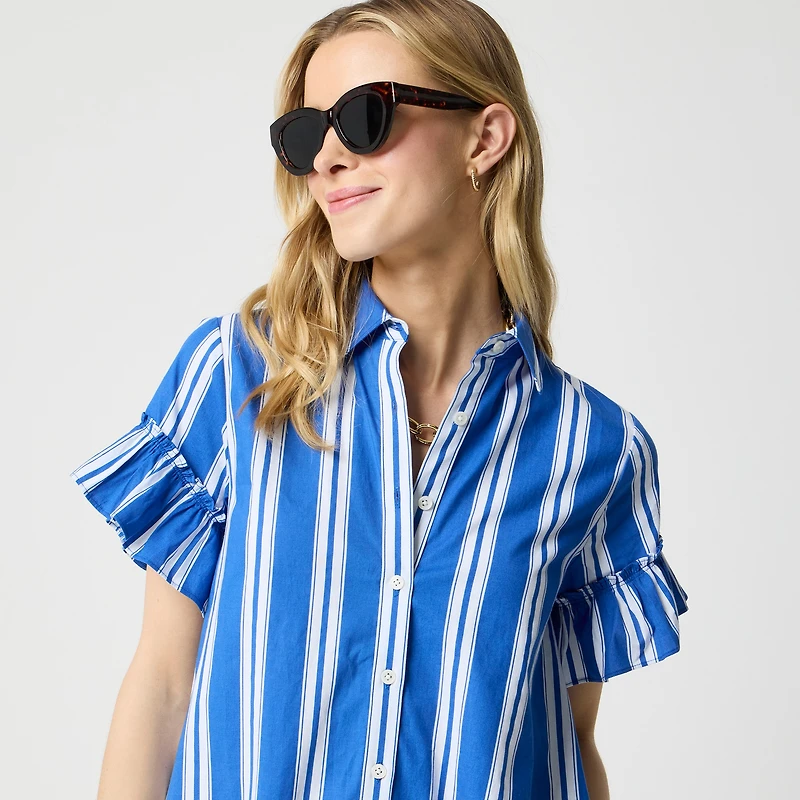 Striped ruffle-sleeve mini shirt-dress