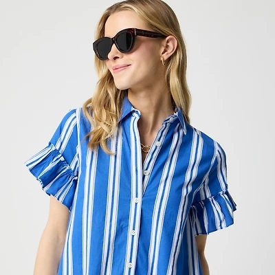 Striped ruffle-sleeve mini shirt-dress