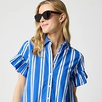 Striped ruffle-sleeve mini shirt-dress