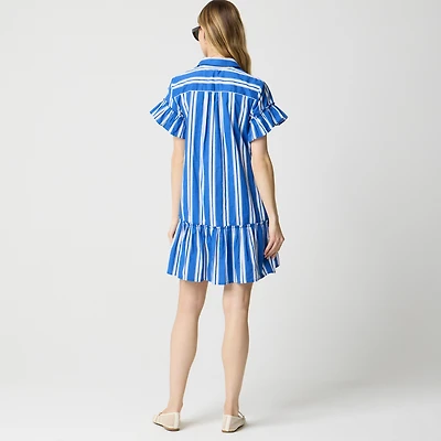 Striped ruffle-sleeve mini shirt-dress