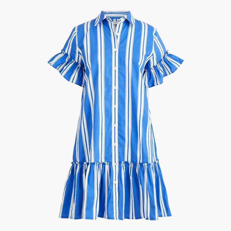 Striped ruffle-sleeve mini shirt-dress
