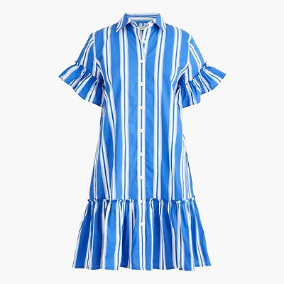 Striped ruffle-sleeve mini shirt-dress