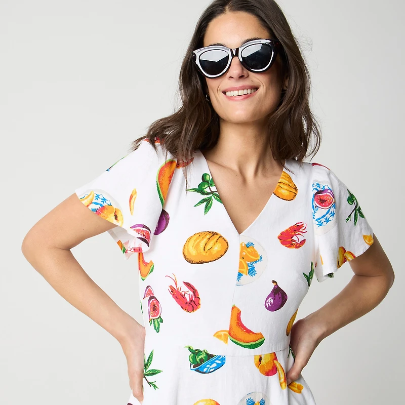 Printed linen-blend flutter-sleeve mini dress