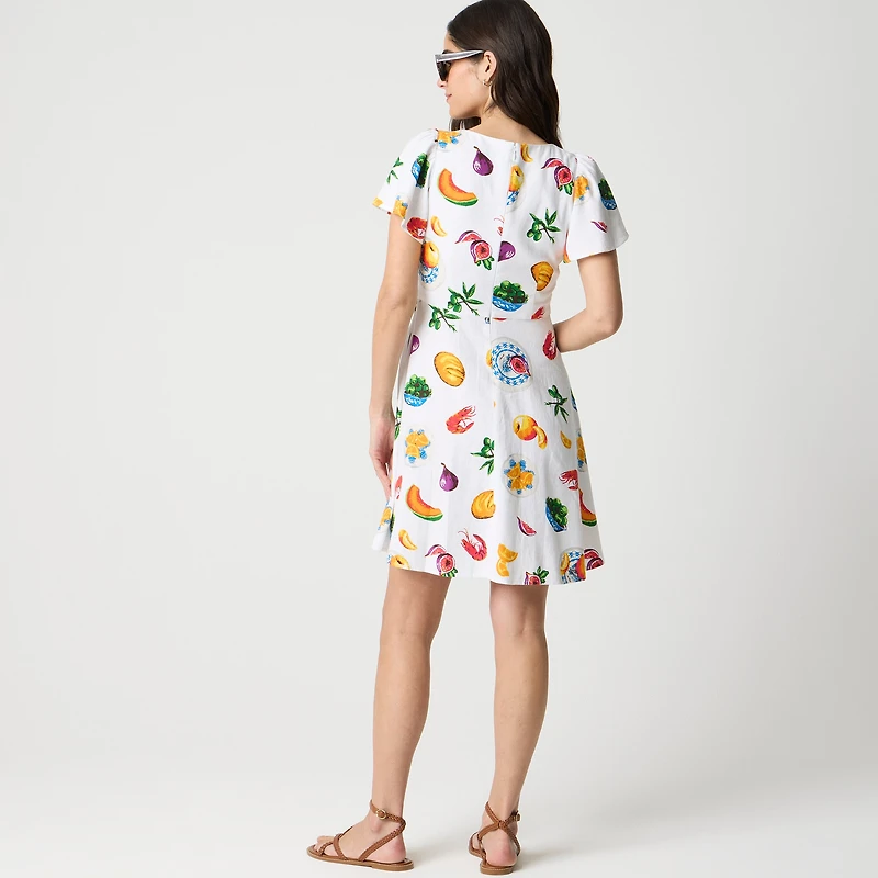 Printed linen-blend flutter-sleeve mini dress