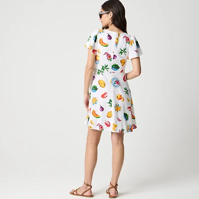 Printed linen-blend flutter-sleeve mini dress