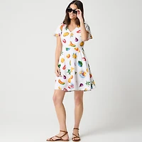 Printed linen-blend flutter-sleeve mini dress