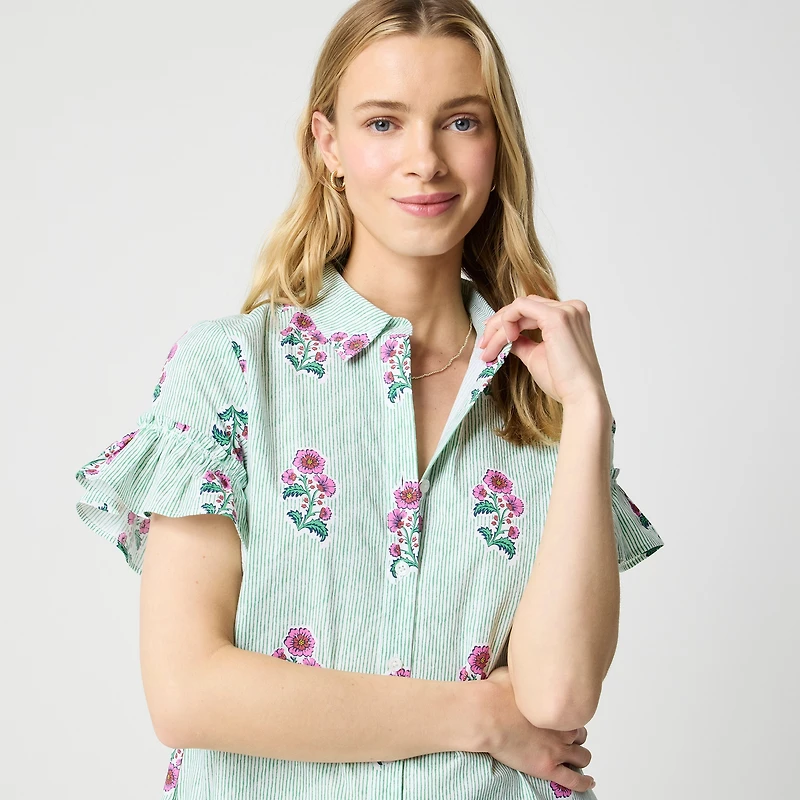 Printed ruffle-sleeve mini shirt-dress