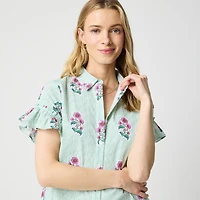 Printed ruffle-sleeve mini shirt-dress