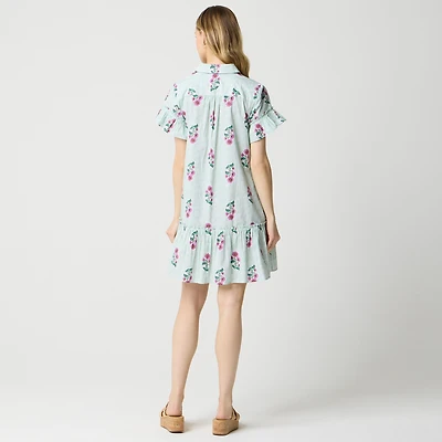 Printed ruffle-sleeve mini shirt-dress