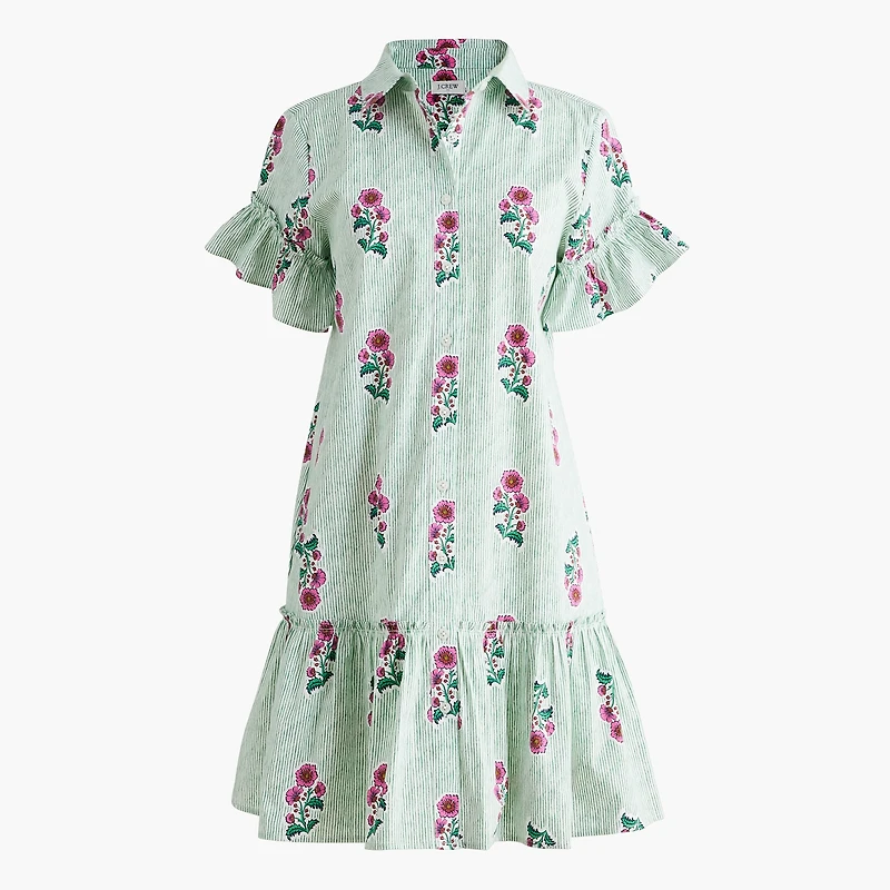 Printed ruffle-sleeve mini shirt-dress