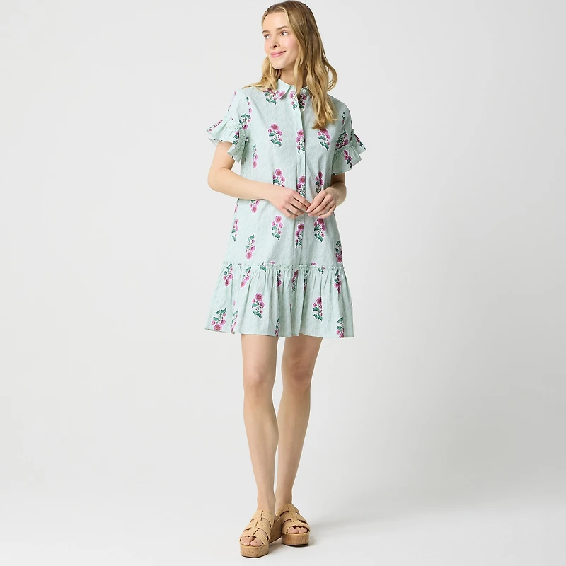 Printed ruffle-sleeve mini shirt-dress